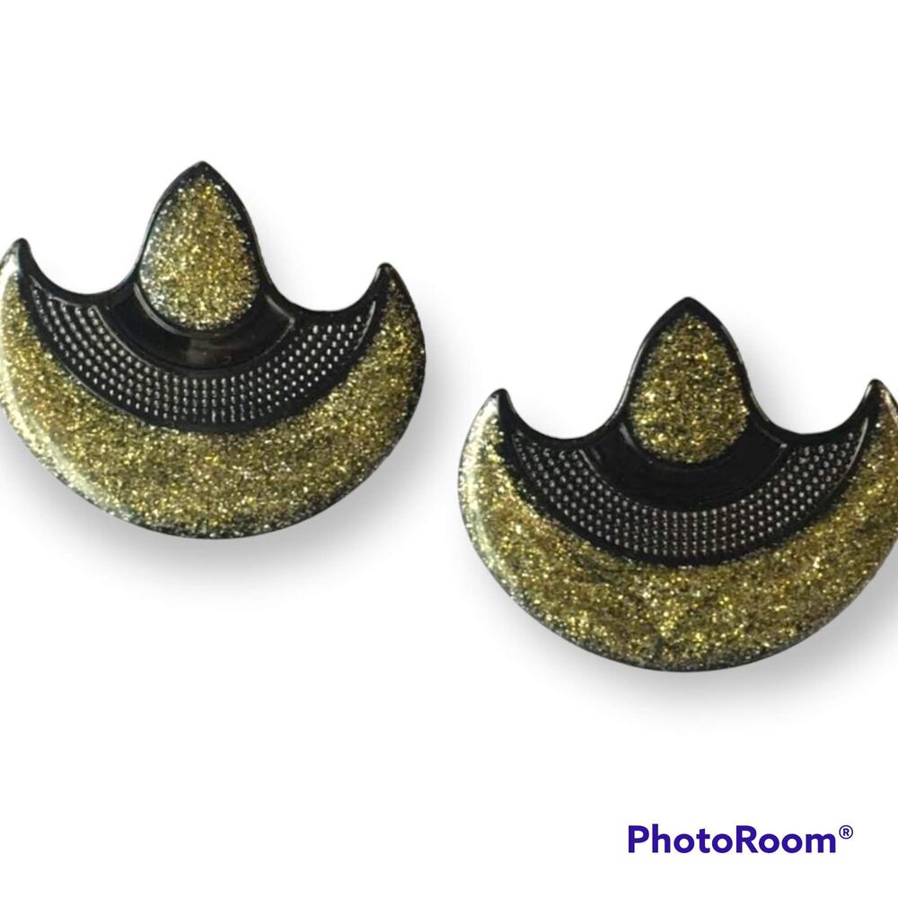 Black abstract modernist post earrings, gold glitter accents